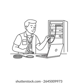 Black and white line art of a male network technician connecting cables and configuring server equipment, with tools and digital elements around.