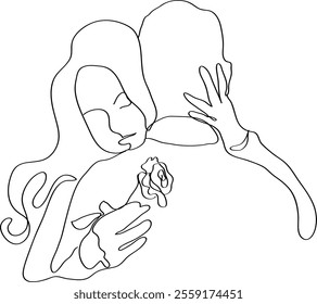 black and white, line art. A man and a woman hug. Design Concept for February 14,Valentine's Day