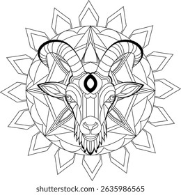 Black and white line art mandala featuring a stylized goat head. Great for coloring pages, tattoos, or geometric design themes