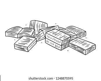 black and white line art, many sketches of books scattered on the table