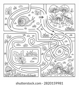 Black and white line art maze activity for children featuring a garden snail navigating through paths toward mushrooms, forest plants, leaves, and grass in a coloring book style.