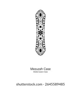 Arte em linha preta e branca de um caso mezuzah inspirado no Oriente Médio, decorado com curvas, flores minúsculas e formas ornamentais. Adequado para impressões com temas judaicos, arte de parede ou ilustração cultural