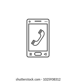 black and white line art mobile phone icon with handset sign