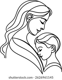 Black and white line art of a mother lovingly embracing her child in a tender moment
