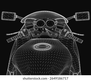 Uma motocicleta de arte em linha preta e branca com guidões detalhados, espelhos e um design elegante de bicicleta esportiva destaca-se contra um fundo escuro. A ilustração minimalista enfatiza as curvas limpas e.
