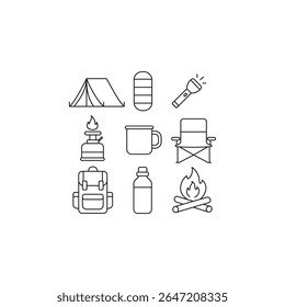 Black and white line art of nine camping essentials: tent, sleeping bag, flashlight, stove, mug, chair, backpack, water bottle, and campfire. Perfect for outdoor and travel themes.