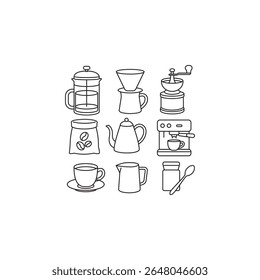Black and white line art of nine essential coffee tools: French press, V60 dripper, grinder, beans sack, kettle, espresso machine, mug, frothing pitcher, and scoop.