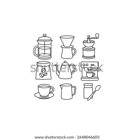 Black and white line art of nine essential coffee tools: French press, V60 dripper, grinder, beans sack, kettle, espresso machine, mug, frothing pitcher, and scoop.