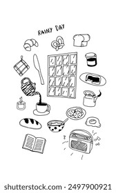 black and white line art of objects to rainy days doodle