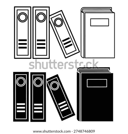 Black and white line art office supplies icons set with binders and books icon