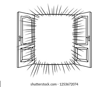 black and white line art, open window