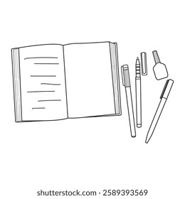 Black and White Line Art of Open Notebook and Stationery Items