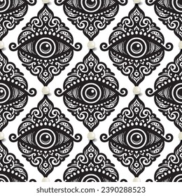 Black and white line art ornamental eyes seamless pattern with 3d pearls. Islamic amulet, symbol of protection from devil eye. Isolated Floral ornament. Endless ornate texture. For print, fabric.