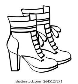 Black and white line art of a pair of high-heeled lace-up boots for women