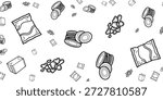 A black and white line art pattern featuring various snack foods. The illustration includes stacks of chips, piles of individual crisps, sealed snack bags, and small boxes, creating a playful background.
