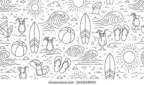 Black and white line art pattern featuring summer elements: surfboards, waves, suns, cocktails, flip-flops, beachballs, and windsurf, creating a beachy vibe.