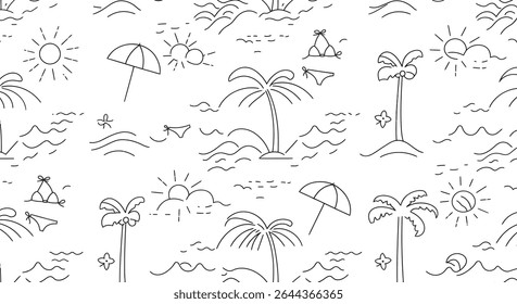 A black and white line art pattern featuring palm trees, sun, waves, umbrellas, flowers, and beachwear, creating a playful beach scene.