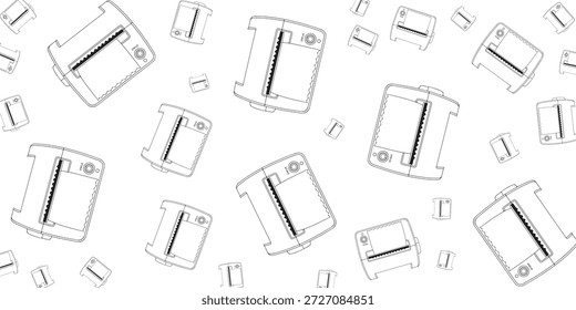 Un patrón de arte lineal en blanco y negro presenta múltiples cartuchos de película dispersos u objetos rectangulares similares con bordes dentados y detalles circulares, dispuestos al azar sobre un fondo blanco limpio.
