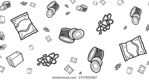 A black and white line art pattern featuring various snack foods. The illustration includes stacks of chips, piles of individual crisps, sealed snack bags, and small boxes, creating a playful background.