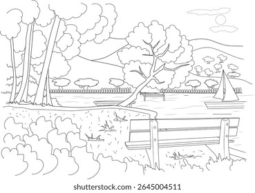 Black and white line art of a peaceful park landscape with lake, sailboat, trees, and benches. Ideal for coloring.