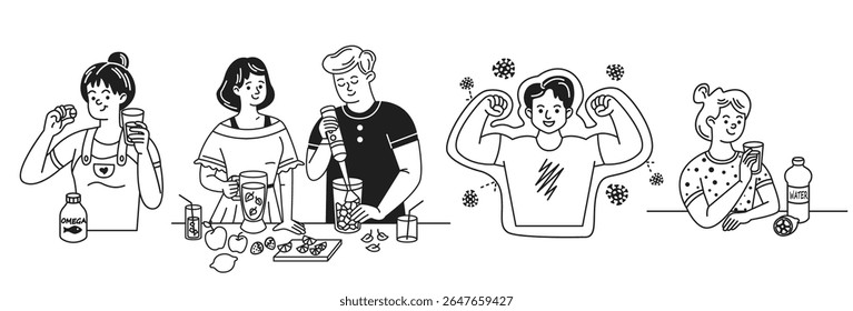 Black and white line art of people engaged in healthy habits. From taking supplements to blending fruits. Highlighting importance of strength and hydration in daily life.