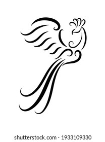 Black and white line art of a phoenix bird with beautiful wings. Curled floral ornament decoration. Good use for symbol, mascot, icon, avatar, tattoo, T Shirt design, or any design you want.