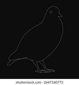 Black and white line art pigeon with wings spread, head tilted slightly. The bird has an open beak and eyes gazing sideways, set against a dark background. Simple yet elegant monochrome illustration.