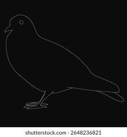 Um pombo de arte de linha preta e branca com asas abertas está sobre um fundo preto, sua cabeça levemente inclinada e bico ligeiramente aberto. O olhar focado do pássaro parece fixo em algo à distância