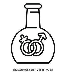 Black and white line art of a potion bottle with combined male and female gender symbols