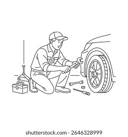 Linha preta e branca arte de um profissional auto mecânico ajoelhado ao lado de um veículo, usando ferramentas para reparar peças em um ambiente de oficina. Vestir uniforme e tampa.