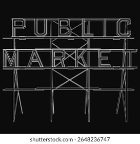 Black and white line art of a public market sign with bold typography, set against a dark textured background for contrast. The simple yet striking design features clean lines and a vintage.
