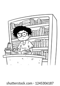black and white line art reading books in the library
