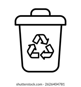 Black and white line art of a recycling trash bin featuring the universal recycle arrows symbol, perfect for eco-friendly design. Vector illustration