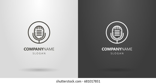 Black and white line art retro microphone logo in a round frame