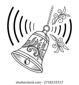 Arte de línea blanco y negro de una campana que suena con adornos florales y ondas de sonido Vector
