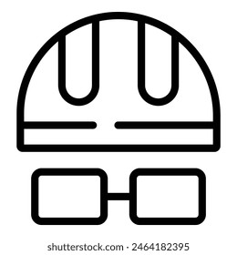 Black and white line art of a safety helmet and protective eyewear for construction