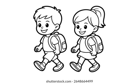 Black and white line art of school boy and girl walking with backpacks

