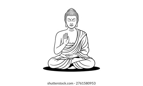 Black and white line art of seated Buddha in meditation posture with Abhaya Mudra hand gesture symbolizing peace, mindfulness, and spiritual enlightenment