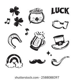 A black and white line art set featuring Irish-themed icons like a leprechaun, shamrocks, and a harp. Perfect for designers, crafters, and businesses creating festive projects.