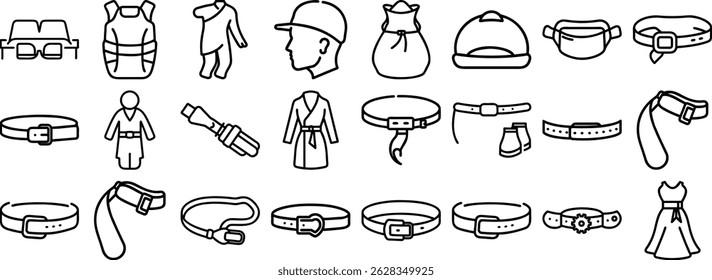 Icono de conjunto de arte de línea en blanco y negro que representa accesorios de moda, ropa y ropa con fines decorativos.