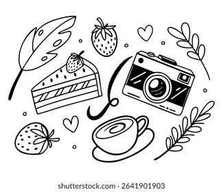 Black and white line art set with vintage camera, cup, strawberry, and plant motifs in elegant minimal style for retro graphic design. Vector illustration.
