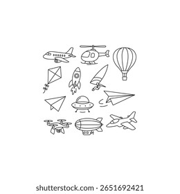 Um conjunto de arte de linha preta e branca com vários objetos voadores, incluindo avião, balão de ar quente, pipa, drone, helicóptero, avião de papel, UFO, foguete e muito mais em um estilo simples desenhado à mão.