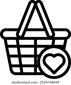 Black and white line art of a shopping basket with a heart symbol, representing e-commerce, shopping, and customer love.