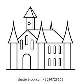 Arte de línea blanco y negro que muestra un castillo con altas agujas, una torre del reloj y ventanas arqueadas. Ideal para temáticas históricas, arquitectónicas, cuentos infantiles, Configuraciones de fantasía y propósitos educativos