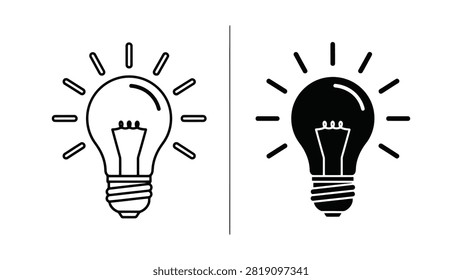 Black and white line art showing a light bulb transforming from dim to illuminated with glowing rays in a creative idea metaphor.