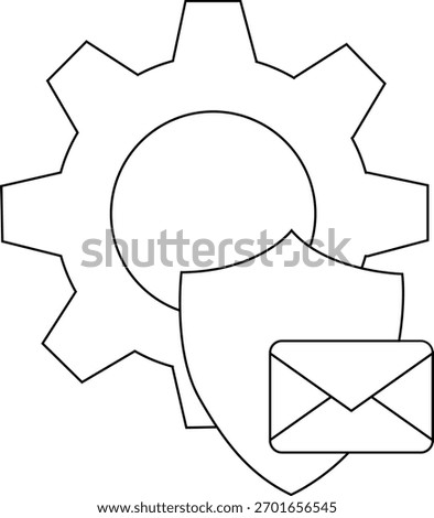 Black white line art shows a gear shield and envelope representing system settings and secure communication