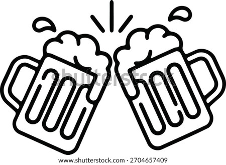 Black and white line art shows two frothy beer mugs clinking in a toast. Foam and splashes convey cheer, party, friendship. Great for bars, pubs, festivals, gatherings, drinks, good times.