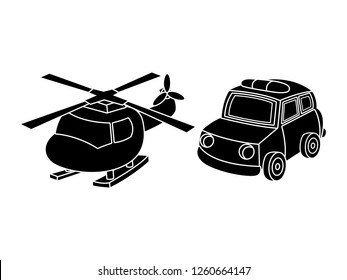 black and white line art, silhouette vector illustration of police cars and helicopters