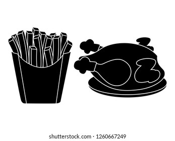 black and white line art, silhouette steak and fried chicken vector illustration