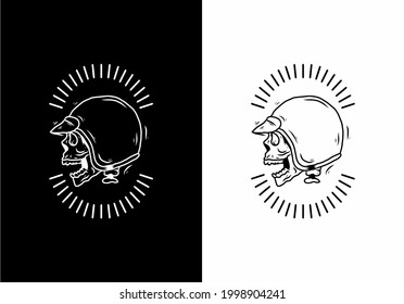 Black and white line art of skeleton with helmet badge design